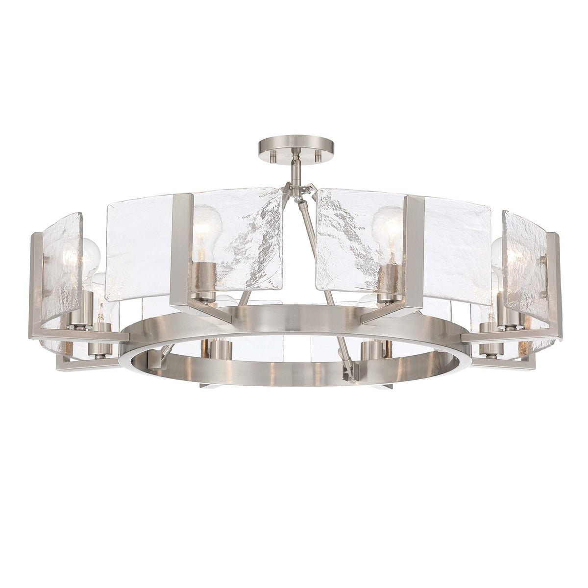 Golden Lighting Aenon 32in 8-Light Semi-Flush Mount | Rustic Pewter and Hammered Water Glass | Foyer & Dining Room | Model 3164-8SF PW-HWG