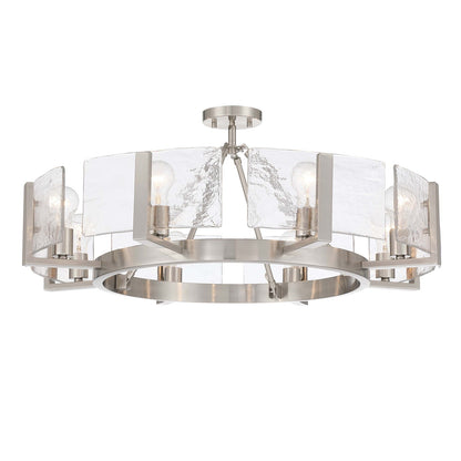 Golden Lighting Aenon 32in 8-Light Semi-Flush Mount | Rustic Pewter and Hammered Water Glass | Foyer & Dining Room | Model 3164-8SF PW-HWG