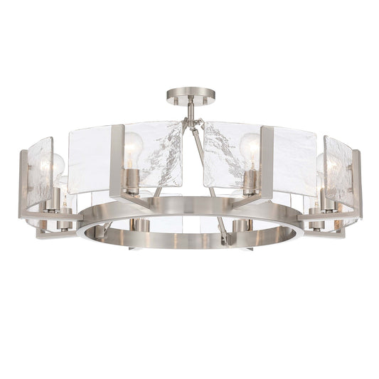 Golden Lighting Aenon 32in 8-Light Semi-Flush Mount | Rustic Pewter and Hammered Water Glass | Foyer & Dining Room | Model 3164-8SF PW-HWG