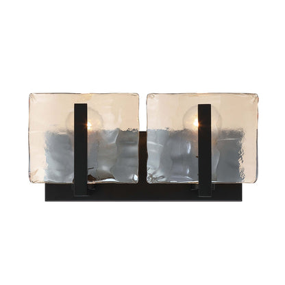 Golden Lighting Aenon 14in 2-Light Vanity Light | Rustic Matte Black and Amber Water Glass | Bathroom | Model 3164-BA2 BLK-AWG