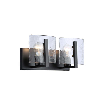 Golden Lighting Aenon 14in 2-Light Vanity Light | Rustic Matte Black and Hammered Water Glass | Bathroom Vanity | Model 3164-BA2 BLK-HWG