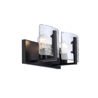Golden Lighting Aenon 14in 2-Light Vanity Light | Rustic Matte Black and Hammered Water Glass | Bathroom Vanity | Model 3164-BA2 BLK-HWG