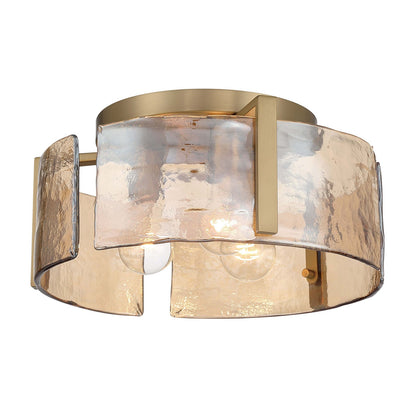 Golden Lighting Aenon 15in 3-Light Flush Mount | Rustic Brushed Champagne Brass and Amber Water Glass | Hallway & Bathroom | Model 3164-FM BCB-AWG