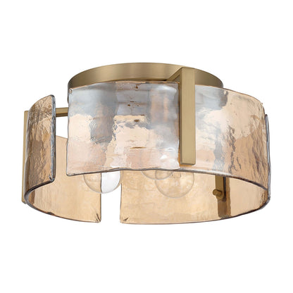 Golden Lighting Aenon 15in 3-Light Flush Mount | Rustic Brushed Champagne Brass and Amber Water Glass | Hallway & Bathroom | Model 3164-FM BCB-AWG