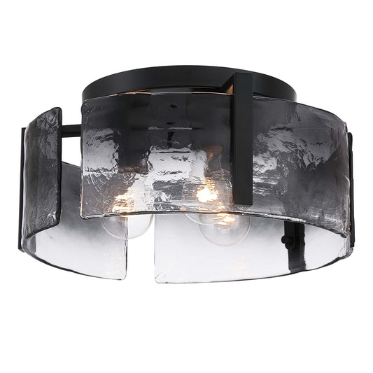 Golden Lighting Aenon 15in 3-Light Flush Mount | Rustic Matte Black and Smoky Water Glass | Hallway & Bathroom | Model 3164-FM BLK-SWG