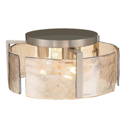 Golden Lighting Aenon 15in 3-Light Flush Mount | Rustic Pewter and Amber Water Glass | Hallway & Bathroom | 15 x 15 x 6.88 in | Model 3164-FM PW-AWG