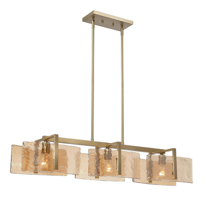 Golden Lighting Aenon 40in 3-Light Island Light | Rustic Brushed Champagne Brass and Amber Water Glass | Kitchen Island | Model 3164-LP BCB-AWG