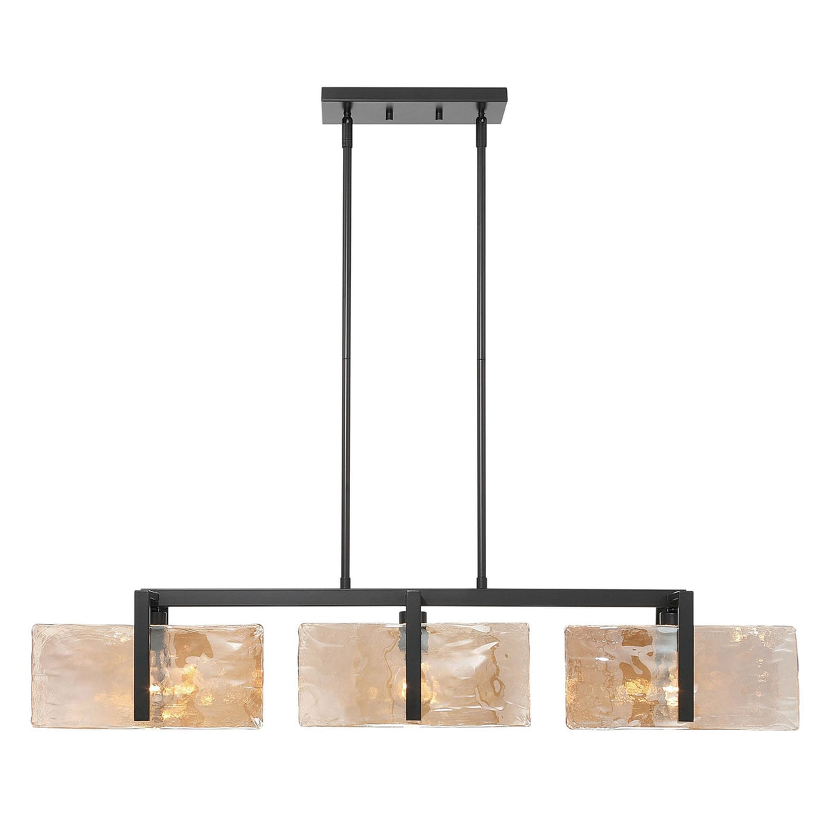Golden Lighting Aenon 40in 3-Light Island Light | Rustic Matte Black and Amber Water Glass | Kitchen Island | Model 3164-LP BLK-AWG