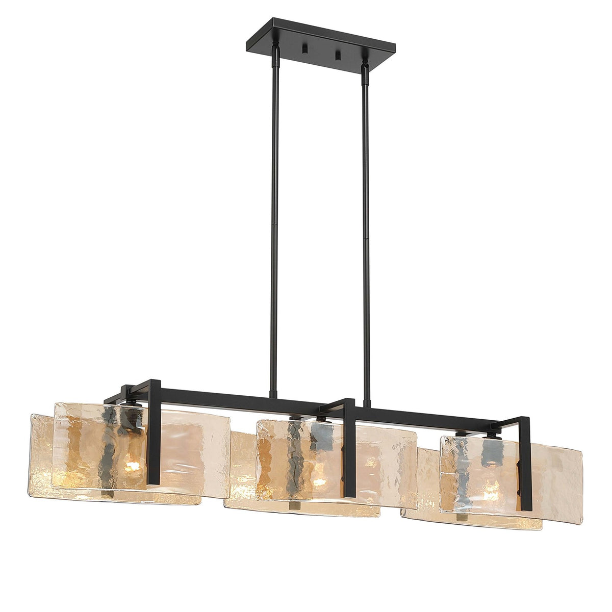 Golden Lighting Aenon 40in 3-Light Island Light | Rustic Matte Black and Amber Water Glass | Kitchen Island | Model 3164-LP BLK-AWG