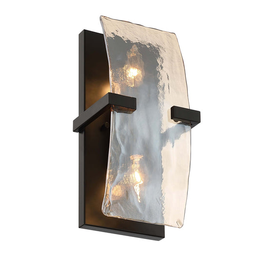Golden Lighting Aenon 13in 2-Light Wall Sconce | Rustic Matte Black and Amber Water Glass | Bathroom & Hallway | Model 3164-WSC BLK-AWG
