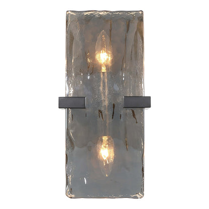 Golden Lighting Aenon 13in 2-Light Wall Sconce | Rustic Matte Black and Amber Water Glass | Bathroom & Hallway | Model 3164-WSC BLK-AWG
