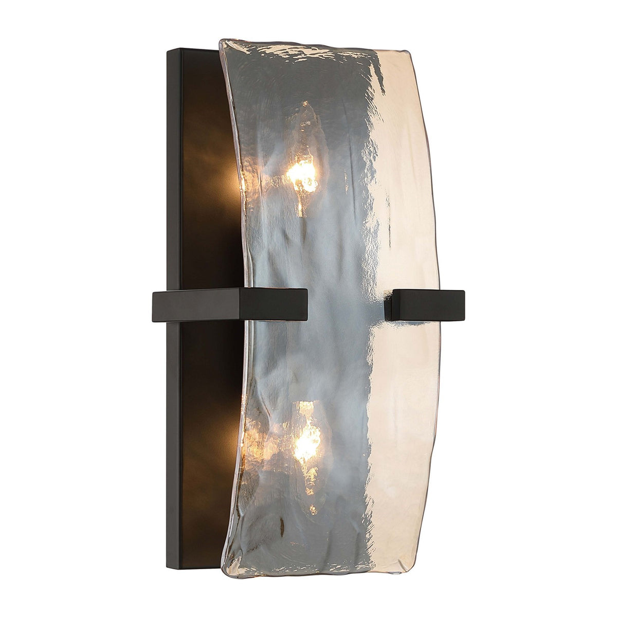 Golden Lighting Aenon 13in 2-Light Wall Sconce | Rustic Matte Black and Amber Water Glass | Bathroom & Hallway | Model 3164-WSC BLK-AWG