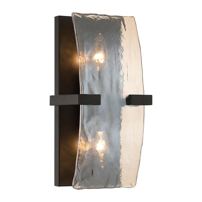 Golden Lighting Aenon 13in 2-Light Wall Sconce | Rustic Matte Black and Amber Water Glass | Bathroom & Hallway | Model 3164-WSC BLK-AWG
