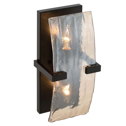 Golden Lighting Aenon 13in 2-Light Wall Sconce | Rustic Matte Black and Amber Water Glass | Bathroom & Hallway | Model 3164-WSC BLK-AWG