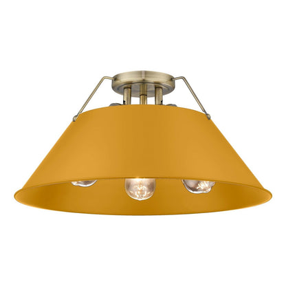 Golden Lighting Orwell 19in 3-Light Flush Mount | Industrial Aged Brass and Auric Yellow Steel | Hallway & Bathroom | Model 3306-3FM AB-AY