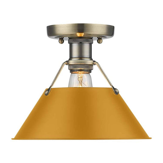 Golden Lighting Orwell 10in 1-Light Flush Mount | Industrial Aged Brass and Auric Yellow Steel | Hallway & Bathroom | Model 3306-FM AB-AY
