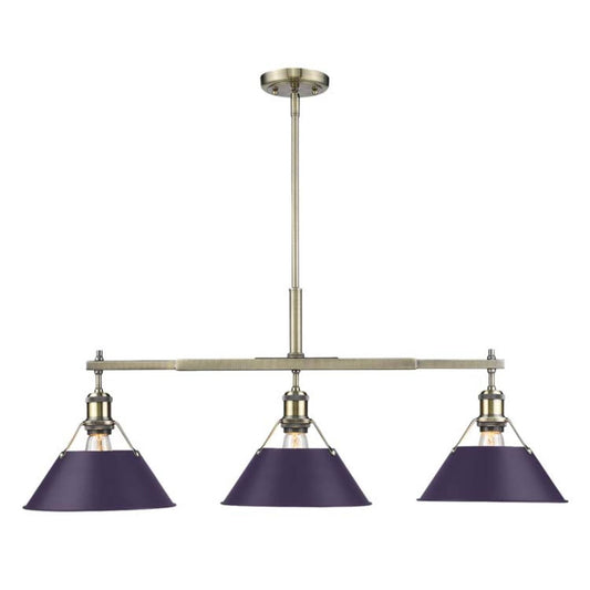 Golden Lighting Orwell 36in 3-Light Island Light | Industrial Aged Brass and Exotic Purple Steel | Kitchen Island | Model 3306-LP AB-EP