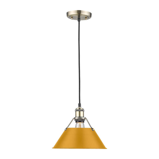 Golden Lighting Orwell 10in 1-Light Pendant | Industrial Aged Brass and Auric Yellow Steel | Kitchen & Dining Room | Model 3306-M AB-AY