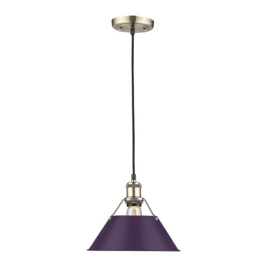 Golden Lighting Orwell 10in 1-Light Pendant | Industrial Aged Brass and Exotic Purple Steel | Kitchen Island & Dining Room | Model 3306-M AB-EP