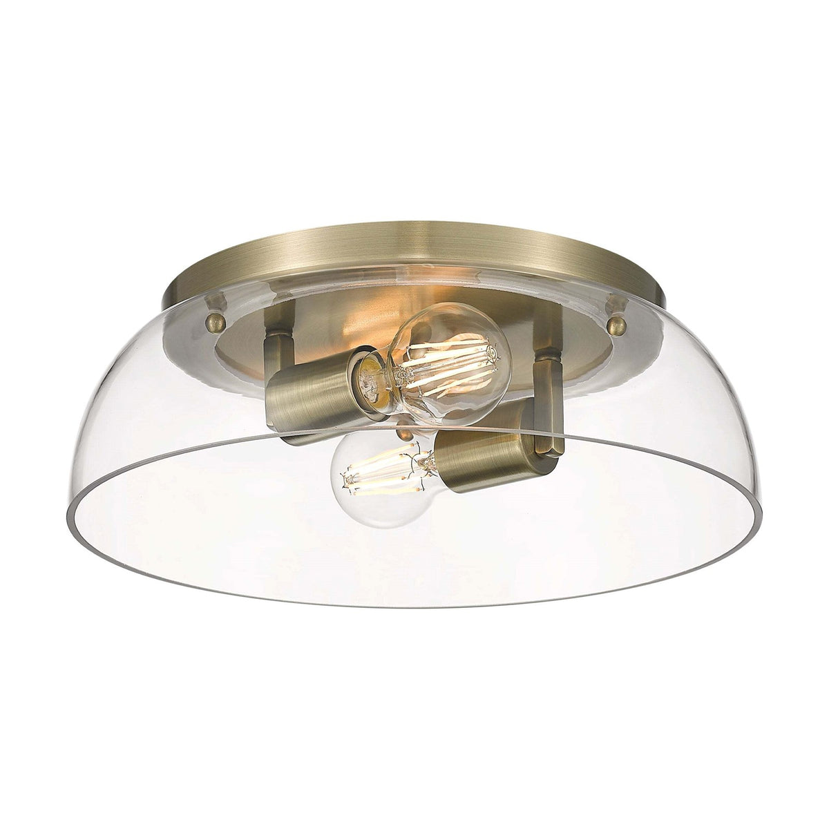 Golden Lighting Duncan 14in 2-Light Flush Mount | Farmhouse Aged Brass and Clear Glass | Hallway & Bathroom | 14 x 14 x 4.25 in | Model 3602-14 AB-CLR