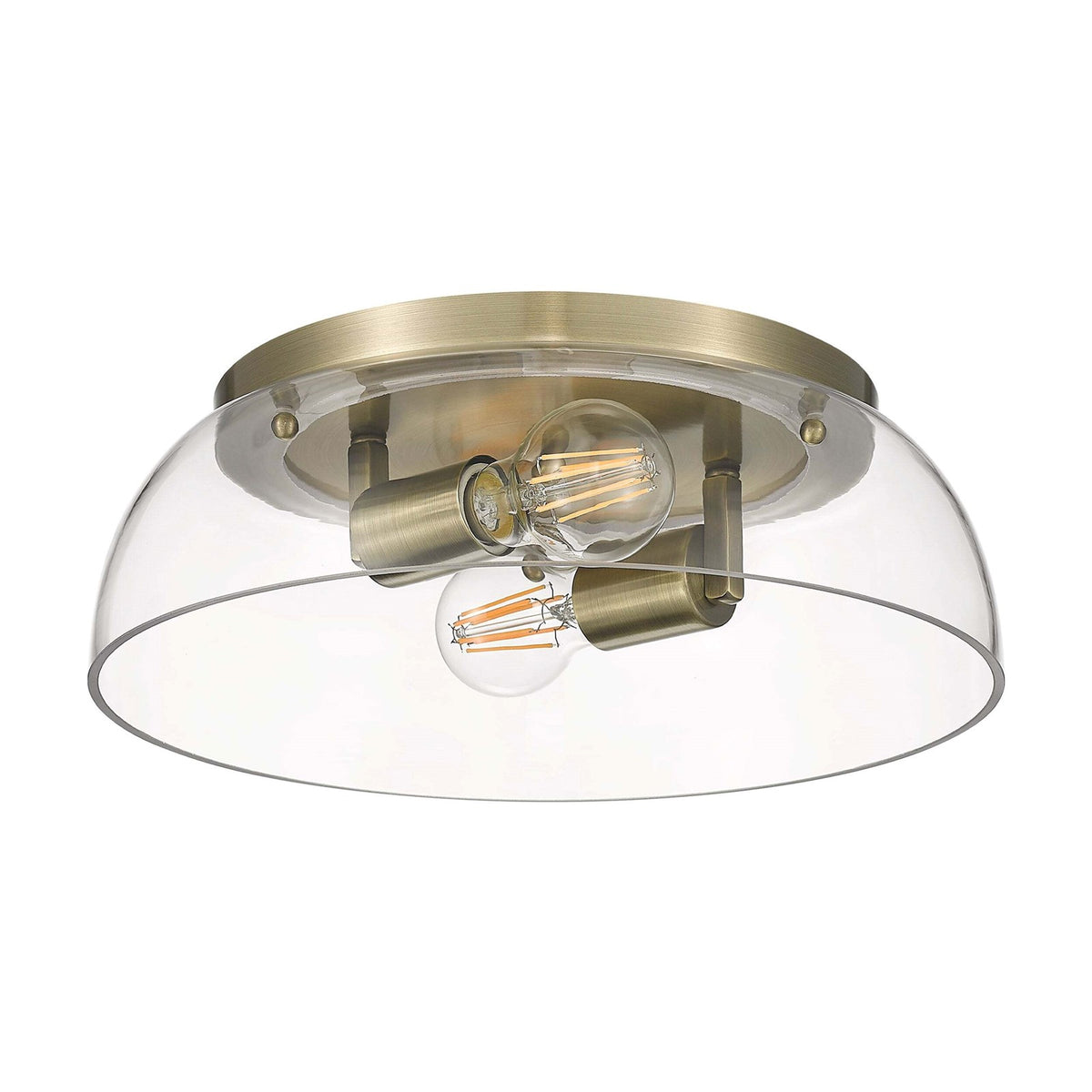 Golden Lighting Duncan 14in 2-Light Flush Mount | Farmhouse Aged Brass and Clear Glass | Hallway & Bathroom | 14 x 14 x 4.25 in | Model 3602-14 AB-CLR