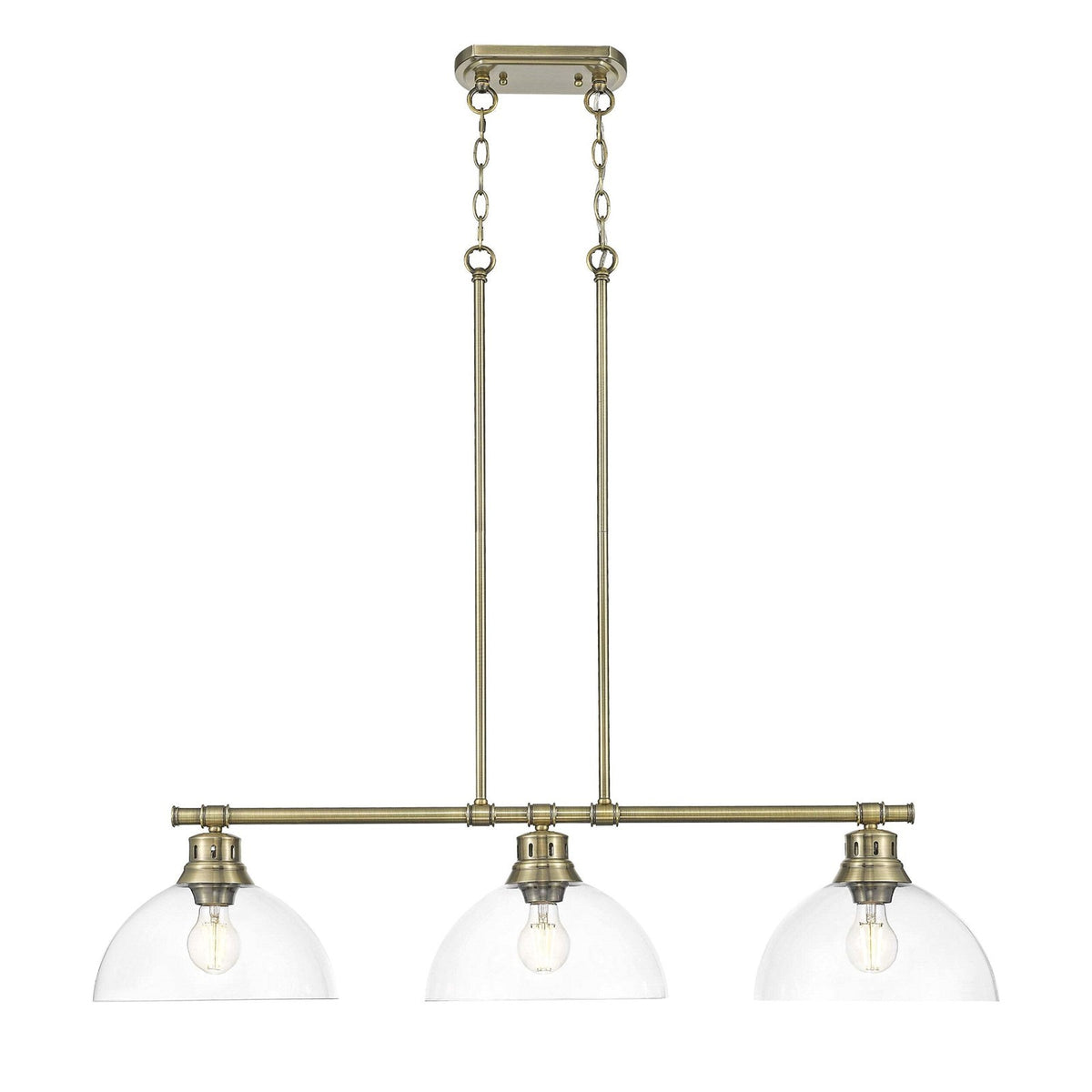 Golden Lighting Duncan 40in 3-Light Island Light | Farmhouse Aged Brass and Clear Glass | Kitchen Island & Dining Room | Model 3602-3LP AB-CLR