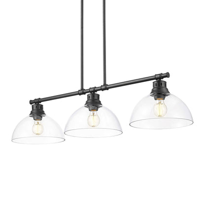 Golden Lighting Duncan 40in 3-Light Island Light | Farmhouse Matte Black and Clear Glass | Kitchen Island & Dining Room | Model 3602-3LP BLK-CLR