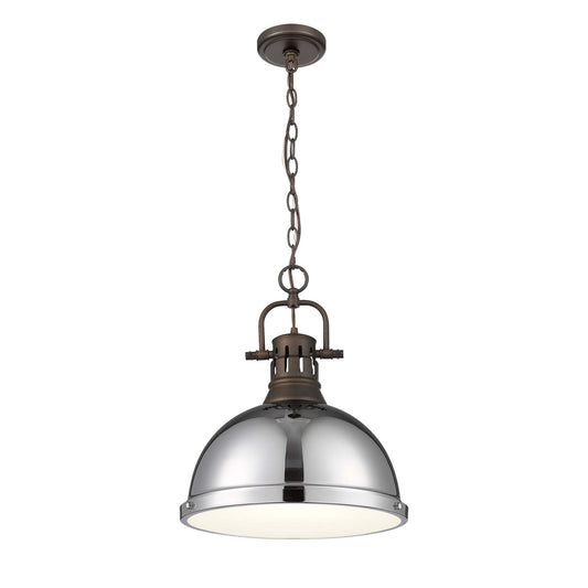 Golden Lighting Duncan 14in 1-Light Chain Pendant | Farmhouse Rubbed Bronze and Chrome Steel | Kitchen & Dining Room | Model 3602-L RBZ-CH
