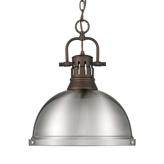 Golden Lighting Duncan 14in 1-Light Pendant | Farmhouse Rubbed Bronze and Pewter Steel | Kitchen Island & Dining Room | Model 3602-L RBZ-PW