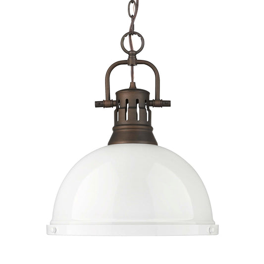 Golden Lighting Duncan 14in 1-Light Chain Pendant | Farmhouse Rubbed Bronze and White Steel | Kitchen Island & Dining Room | Model 3602-L RBZ-WH