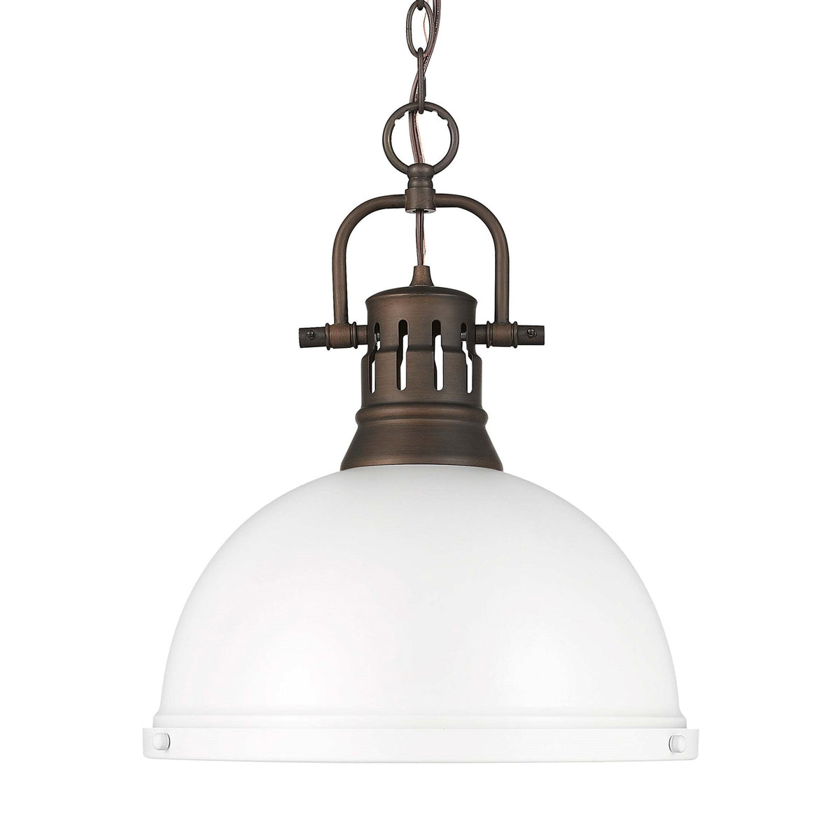 Golden Lighting Duncan 14in 1-Light Pendant | Farmhouse Rubbed Bronze and Matte White Steel | Kitchen & Dining Room | Model 3602-L RBZ-WHT