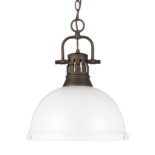 Golden Lighting Duncan 14in 1-Light Pendant | Farmhouse Rubbed Bronze and Matte White Steel | Kitchen & Dining Room | Model 3602-L RBZ-WHT
