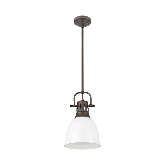 Golden Lighting Duncan 9in 1-Light Rod Pendant | Country Farmhouse Rubbed Bronze and Matte White Steel | Kitchen & Dining Room | Model 3604-S RBZ-WHT