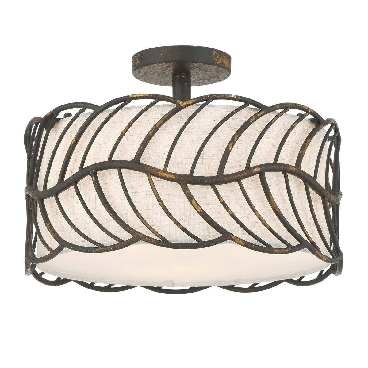 Golden Lighting Simbolo 15in 3-Light Semi-Flush Mount | Rustic Antique Black Iron and Ivory Linen Fabric | Entryway & Foyer | Model 4501-3SF ABI