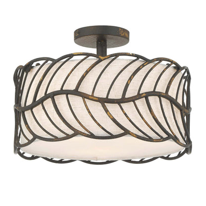 Golden Lighting Simbolo 15in 3-Light Semi-Flush Mount | Rustic Antique Black Iron and Ivory Linen Fabric | Entryway & Foyer | Model 4501-3SF ABI