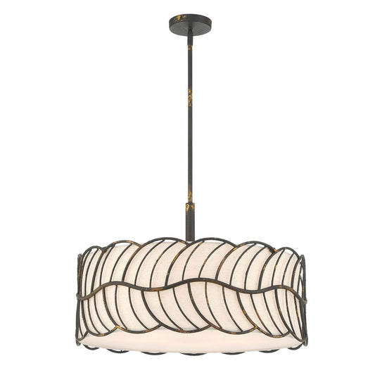 Golden Lighting Simbolo 24in 5-Light Pendant | Rustic Lodge Antique Black Iron and Ivory Linen | Kitchen Island & Dining Room | Model 4501-5P ABI