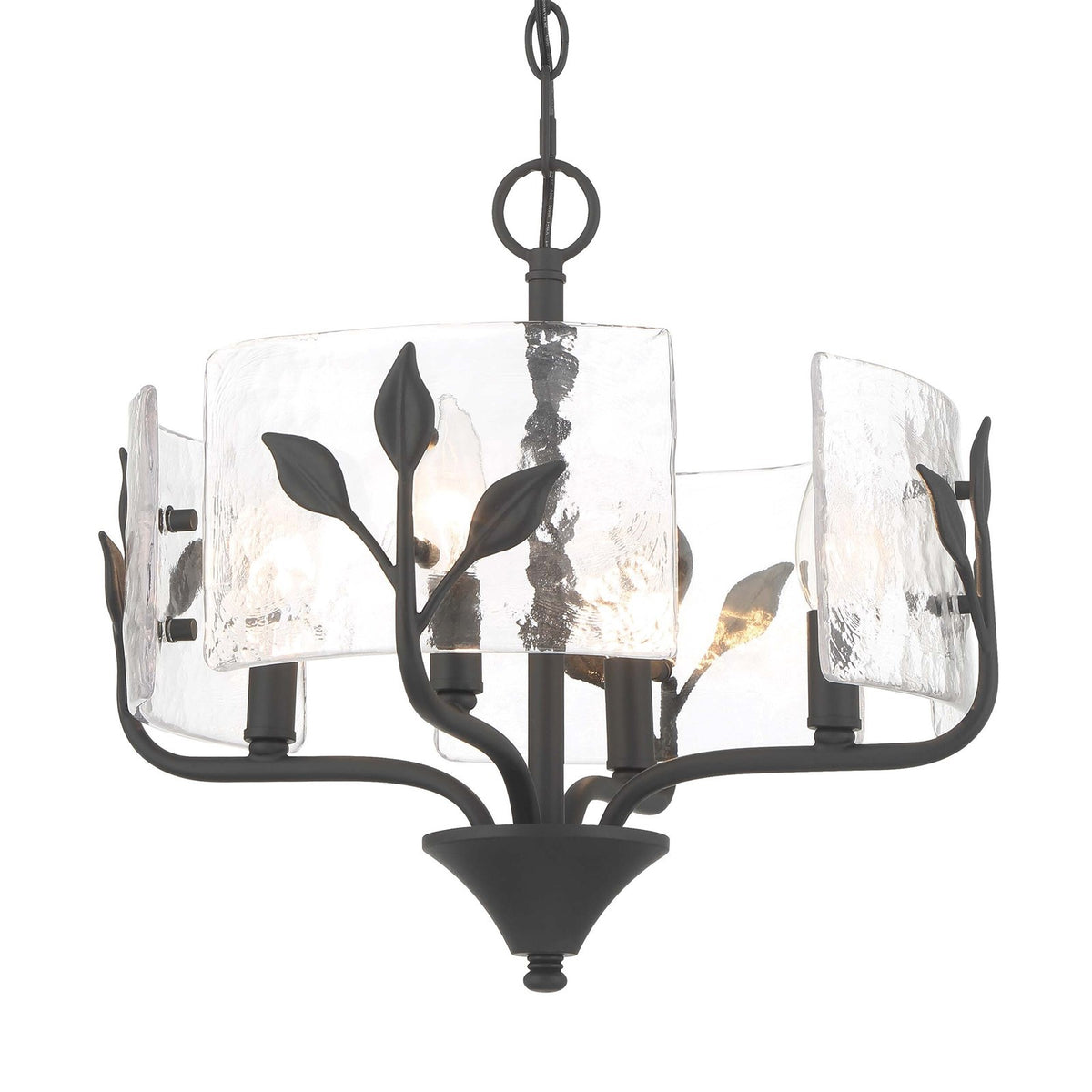 Golden Lighting Bloem 16in 4-Light Pendant | Rustic Natural Black and Hammered Water Glass | Kitchen & Entryway | Model 4503-4P NB-HWG