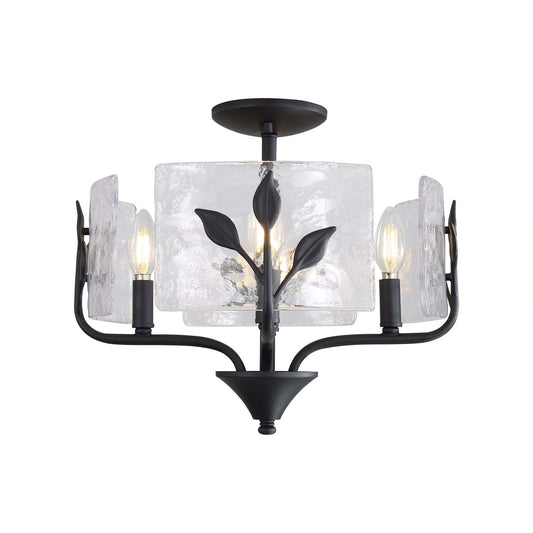 Golden Lighting Bloem 16in 4-Light Semi-Flush Mount | Rustic Natural Black Steel and Hammered Water Glass | Entryway | Model 4503-4SF NB-HWG