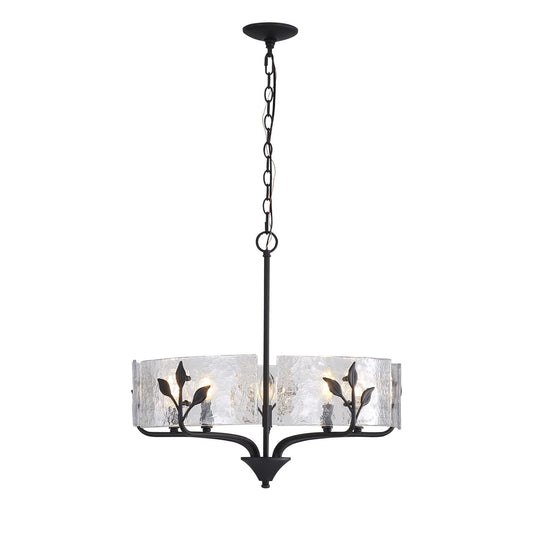 Golden Lighting Bloem 24in 5-Light Pendant | Rustic Natural Black and Hammered Water Glass | Kitchen Island & Dining Room | Model 4503-5P NB-HWG