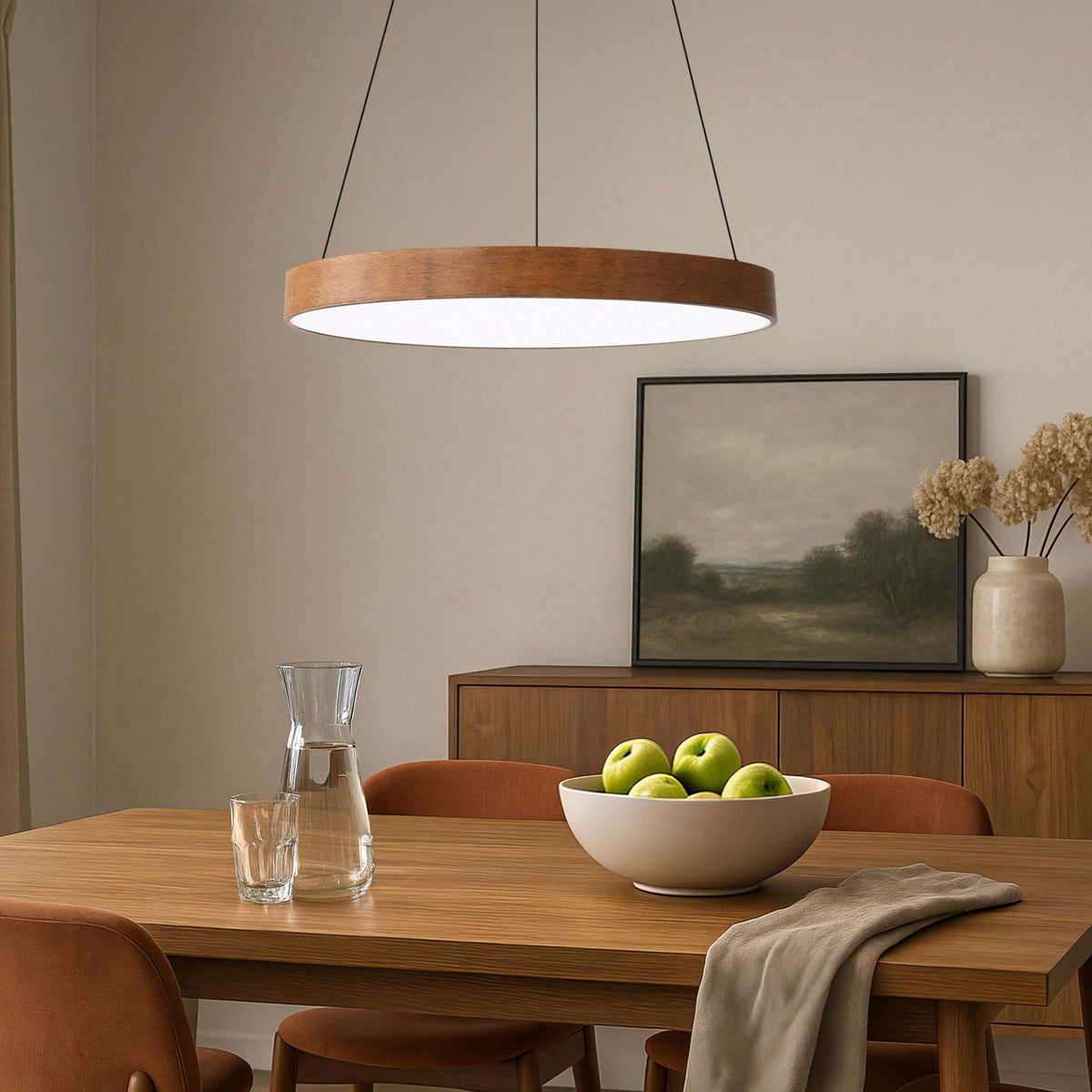 Golden Lighting Anello 24in 1-Light LED Pendant | Modern Walnut Wood-Look Drum | Kitchen Island & Dining Room | Model 4963-24 WA