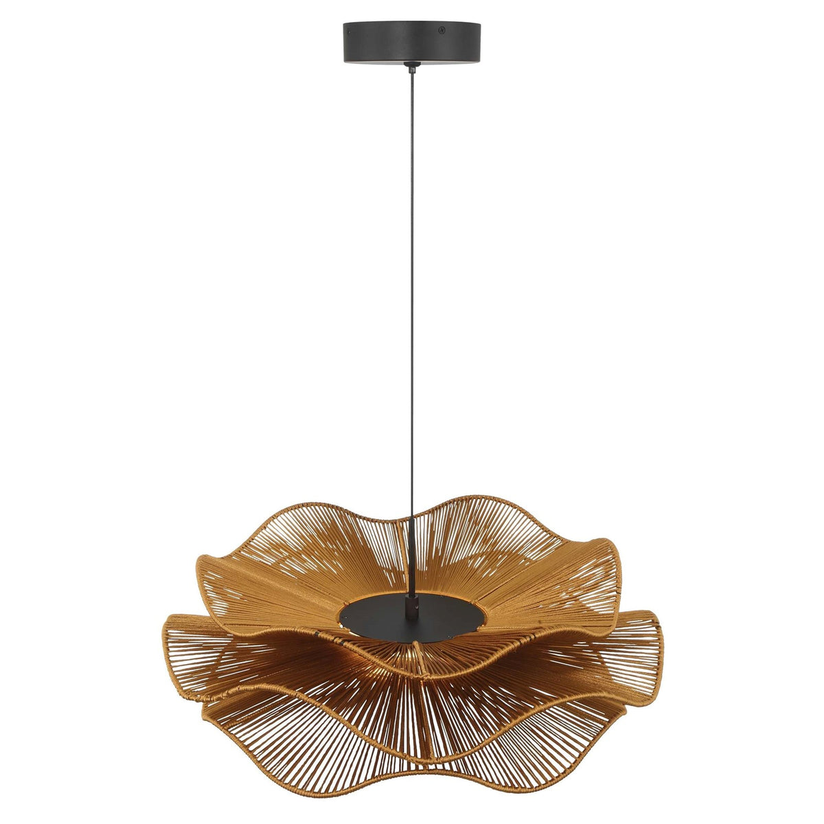 Golden Lighting Whisper 24in LED Pendant | Bohemian Latte Rope and Steel | Kitchen Island & Dining Room | 23.63 x 23.63 x 8.5 in | Model 6300-24 LAT