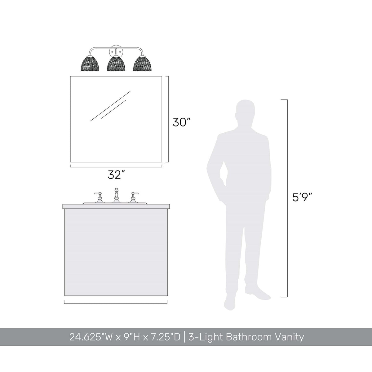 Golden Lighting Shepard 25in 3-Light Vanity Light | Farmhouse Modern Brass and Modern Brass Steel | Bathroom & Entryway | Model 6950-BA3 MBS-MBS