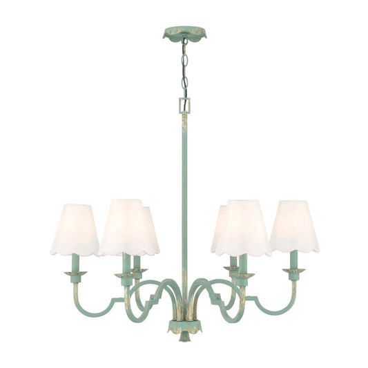 Golden Lighting Cheshire 31in 6-Light Chandelier | Traditional Antique Teal and White Rayon Fabric | Dining Room & Foyer | Model 7008-6 TEAL-WY
