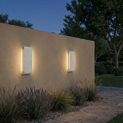 Golden Lighting Stela 16in Integrated LED Outdoor Wall Light | Modern White Travertine Concrete | Entryway & Patio | Model 7280-OWL16 WT