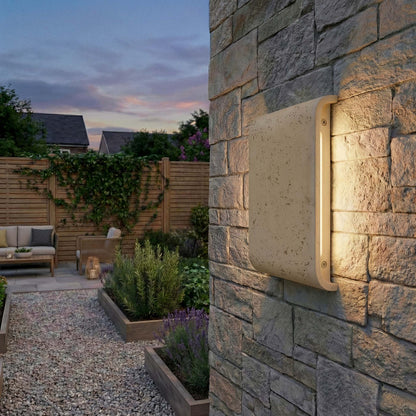 Golden Lighting Stela 9in Integrated LED Outdoor Wall Light | Modern White Travertine Concrete | Entryway & Patio | Model 7280-OWL9 WT