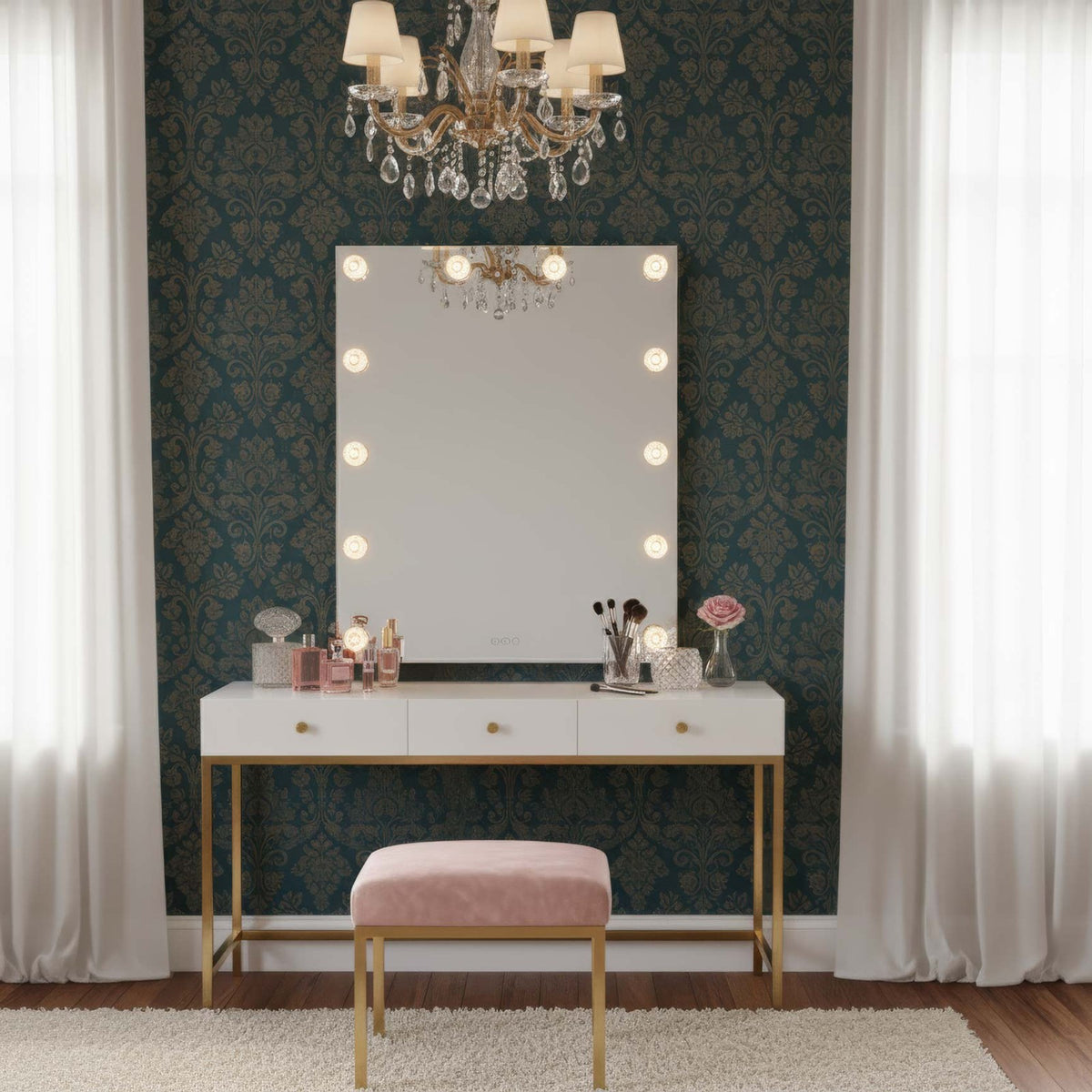 Golden Lighting StarLight 48in LED Lighted Mirror | Modern Matte White Steel and Cut Crystal | Bathroom & Dressing Room | Model 8195-48M WHT-C