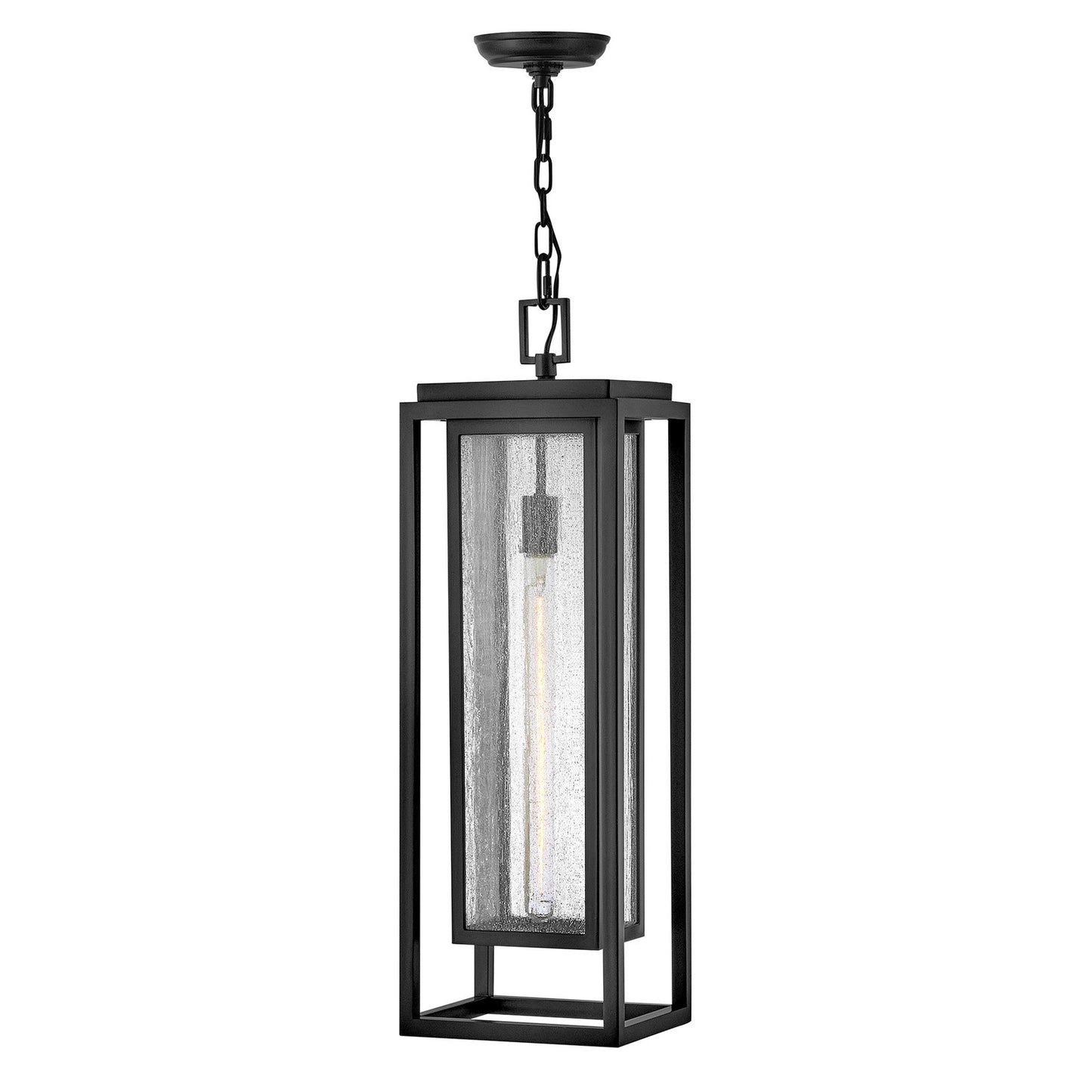 Hinkley Republic 27.5in 1-Light Outdoor Hanging Lantern | Transitional Black Composite and Clear Seedy Glass | Covered Patios & Entryways | Model 1006BK