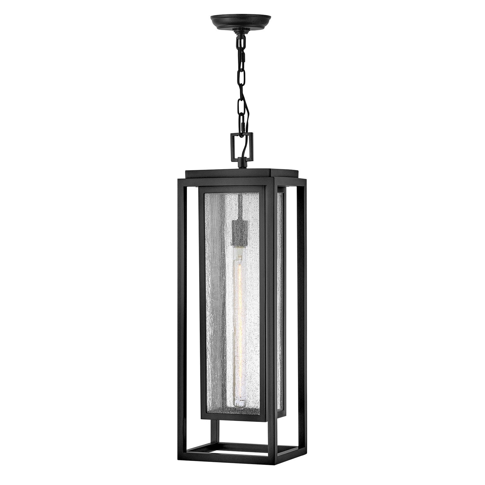 Hinkley Republic 27.5in 1-Light Outdoor Hanging Lantern | Transitional Black Composite and Clear Seedy Glass | Covered Patios & Entryways | Model 1006BK