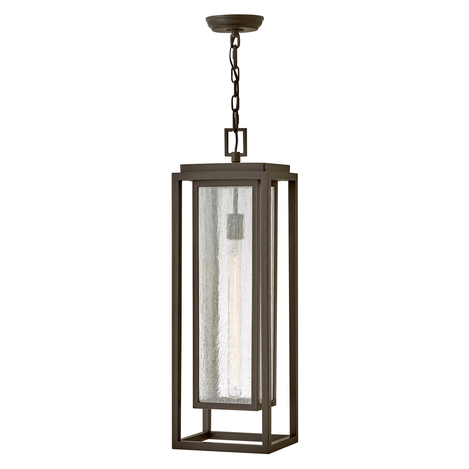 Hinkley Republic 27.5in 1-Light Outdoor Hanging Lantern | Transitional Oil Rubbed Bronze Composite and Clear Seedy Glass | Covered Patio & | Model 1006OZ