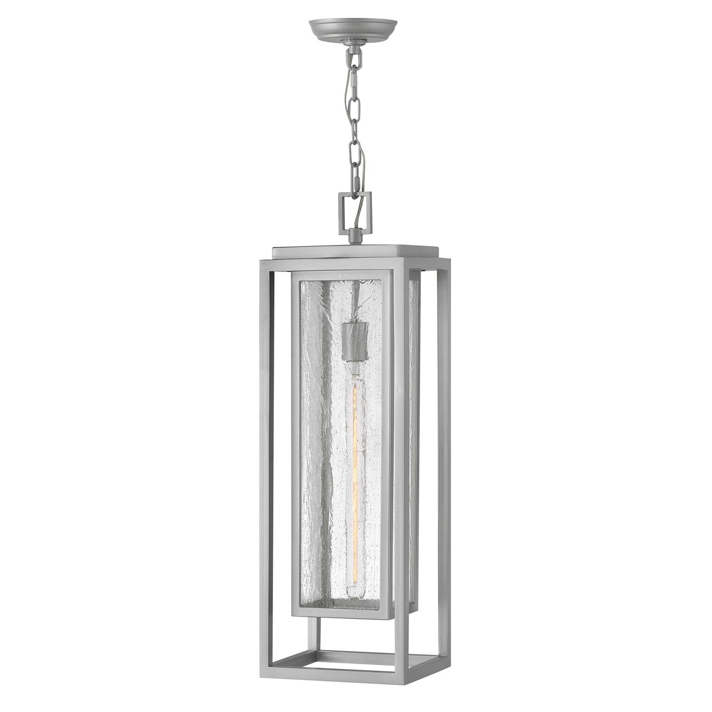 Hinkley Republic 27.5in 1-Light Outdoor Hanging Lantern | Transitional Satin Nickel Composite and Clear Seedy Glass | Covered Patios & | Model 1006SI